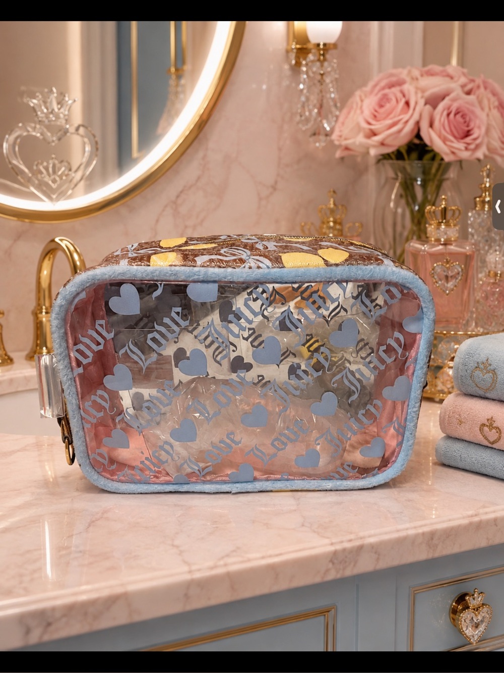 Juicy Couture Clear Cosmetic Pouch with Blue Hearts and Pink Trim